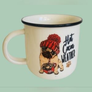 Hazel & Co Pug Dog Winter Hat Hot Cocoa Ceramic Coffee Mug Rustic Snowflake